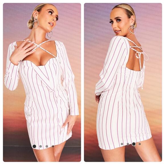 🍁 NWT ASOS DESIGN x MILLIE halter neck blazer mini dress in stripe print White - Picture 1 of 16